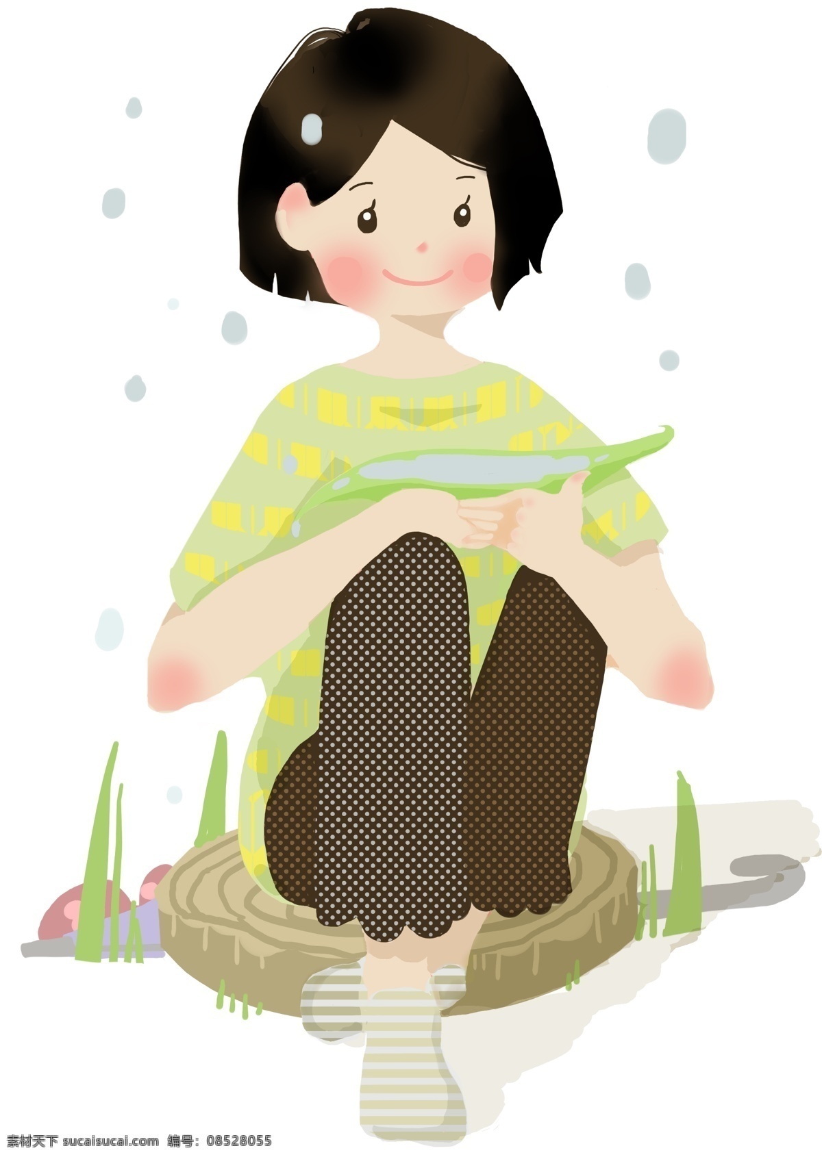 谷雨 接 雨水 女孩 接雨水 坐著的女孩 樹(shù)樁 植物裝飾 短頭發(fā)的女孩 下雨天 谷雨人物