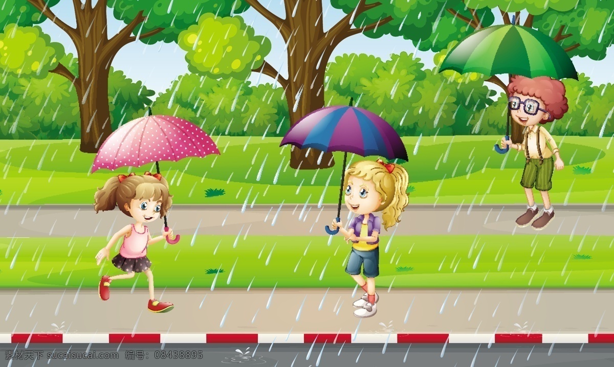 卡通雨季儿童 雨伞 撑伞 下雨天 儿童 学生 可爱 卡通 手绘 儿童素材 雨天 雨季 卡通设计