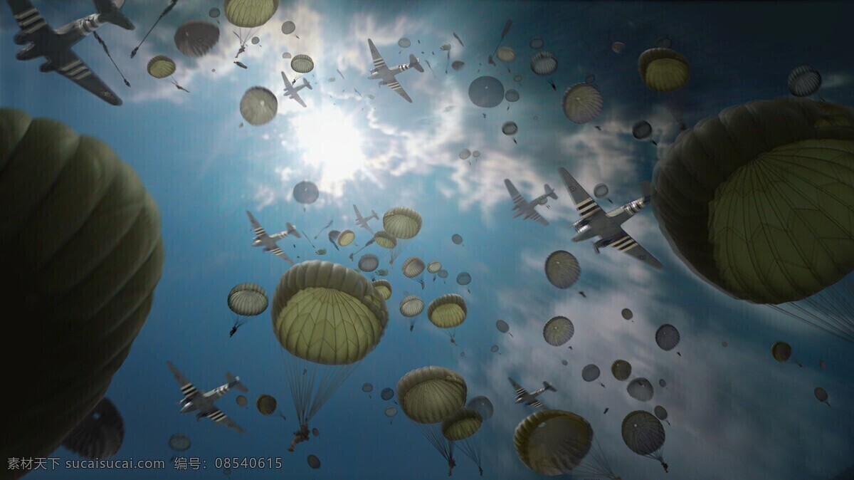 二战 盟军 空降兵 大规模 伞降 油画 运输机 美军 伞兵 空投 插画集