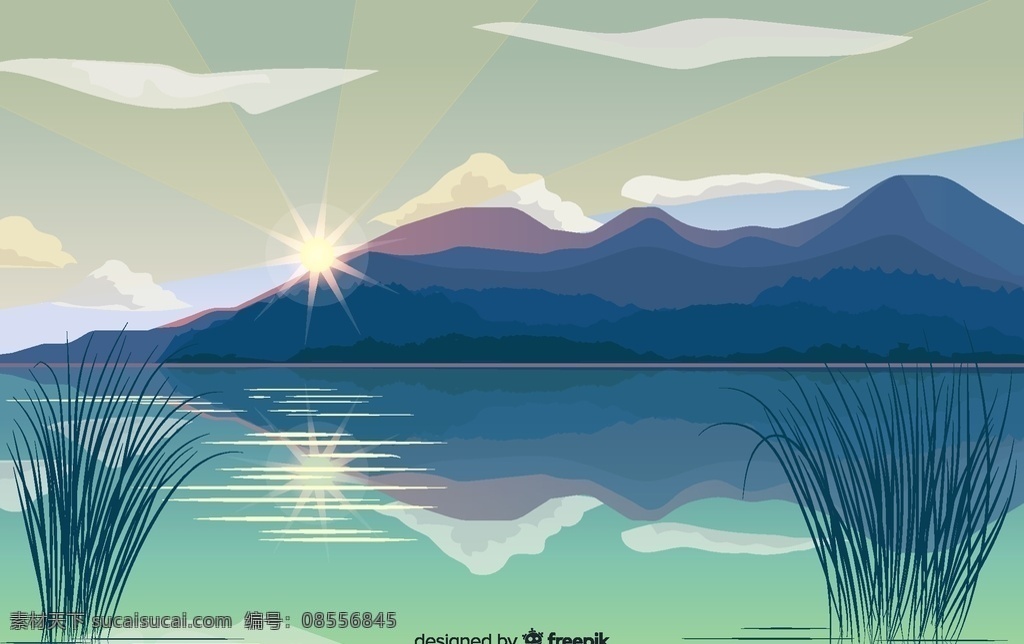 美丽江水山 风景 矢量素材 自然 美丽 江水 河水 山 太阳 云朵 草 矢量图 ai格式 自然风景