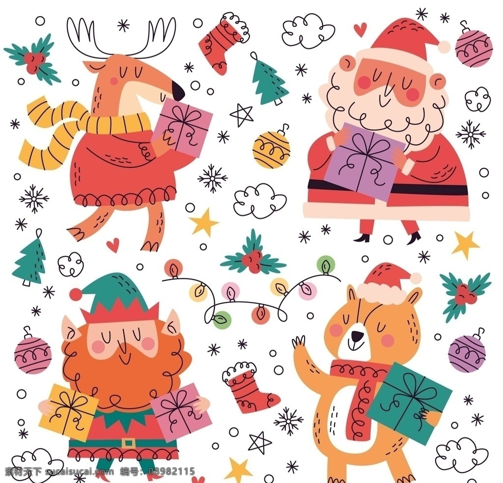 可爱 手绘 圣诞节 插画 图案 印花 圣诞 节日 礼物 插图 圣诞老人 冬季 动漫动画