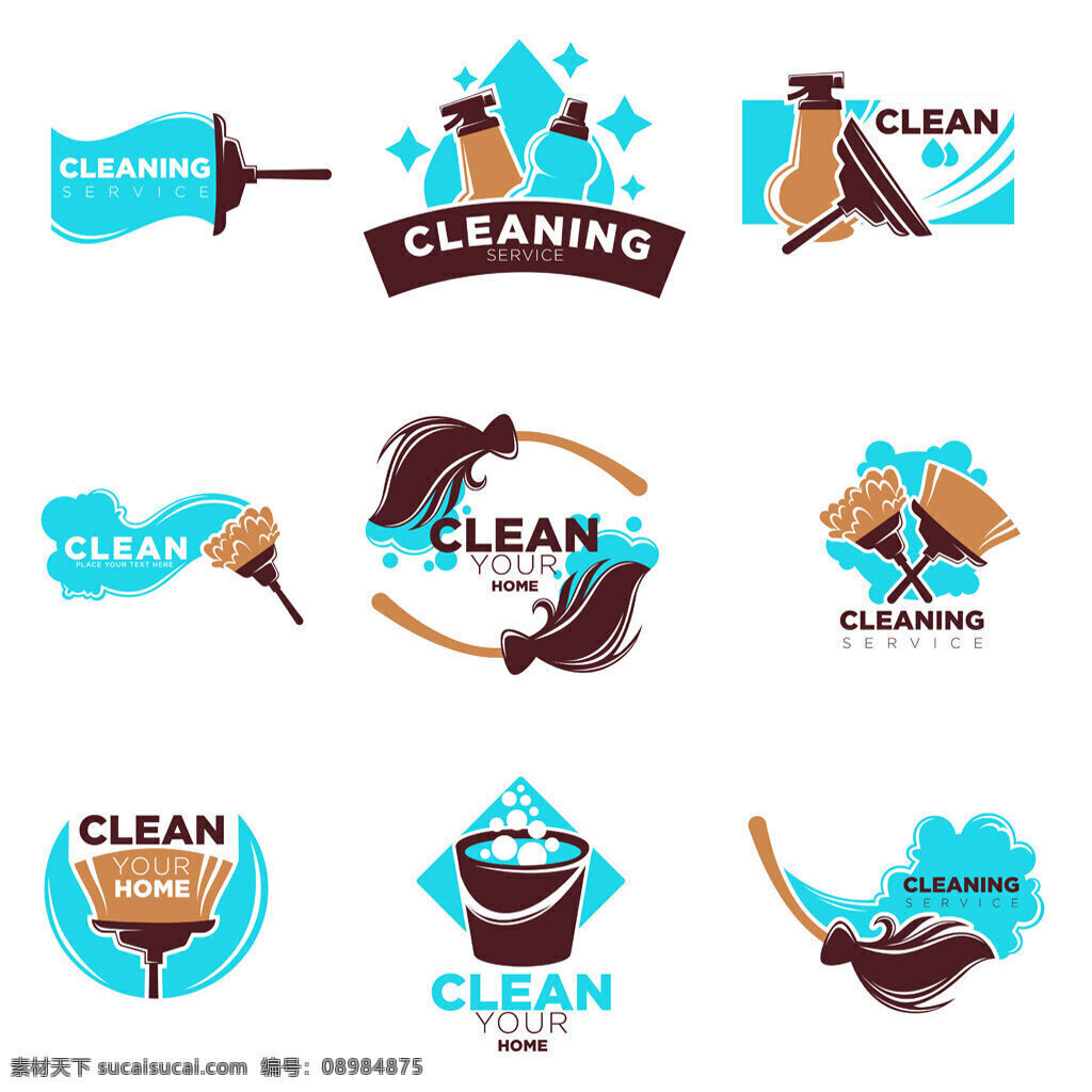 清洁卫生标志 刷子 扫把 拖把 洗衣机 垃圾桶 抽纸 清洁用品 按钮图标 标志图标 矢量素材