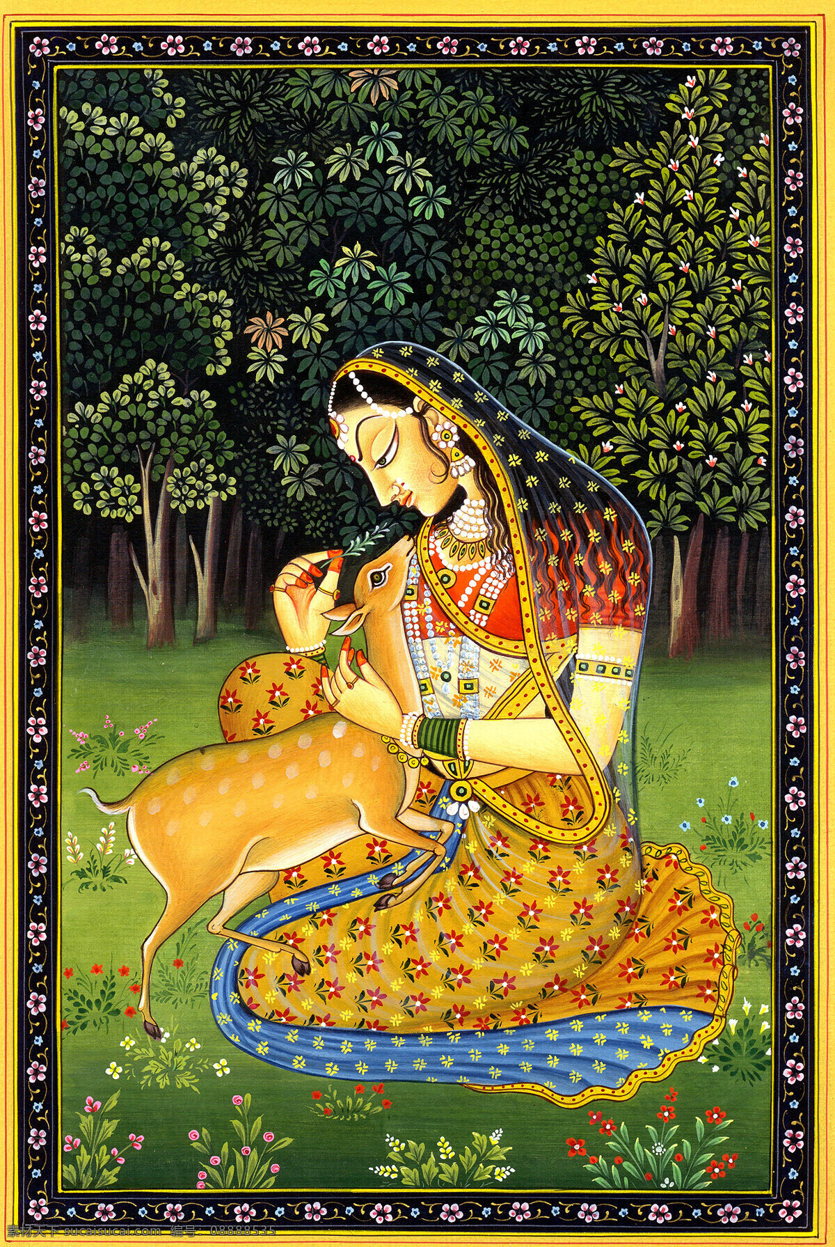 印度人物 人物 一名印度女性 一只小鹿 女性 小鹿 森林 文化艺术 传统文化