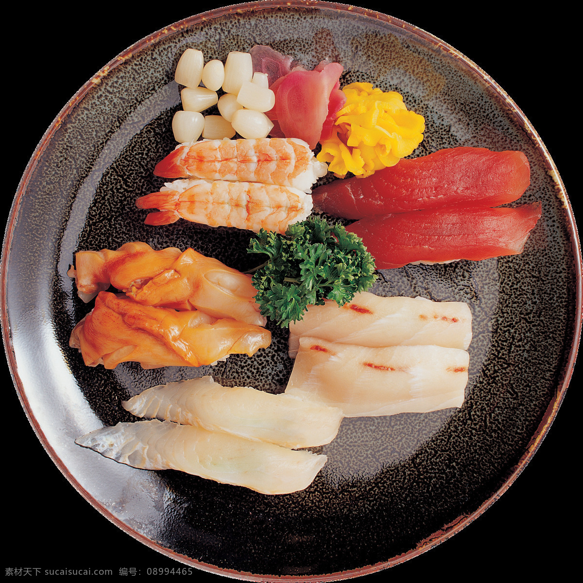 精美 生鲜 日式 料理 美食 装饰 元素 刺身 日式料理 日式美食 深色盘子 装饰元素