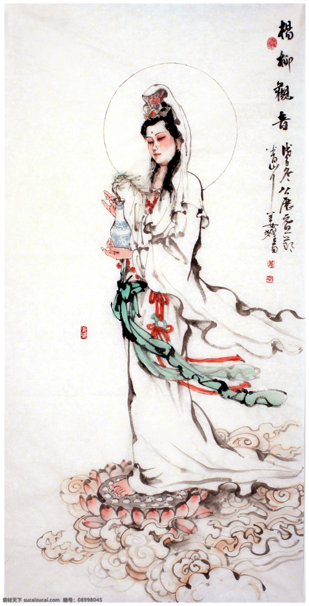 觀音菩薩 宗教 佛教 佛像 大慈大悲 救苦救難 普度眾生 觀世音 美女 女人 女性 女子 赤腳 頭飾 簪花 項(xiàng)鏈 凈瓶 柳枝 白衣 長裙 飄帶 蓮臺 祥云 古典 古裝 人物畫 線描 工筆 字畫 中國畫 水墨畫 彩墨畫 裝飾 民族風(fēng) 中國元素 寶圖 繪畫書法 文化藝術(shù)