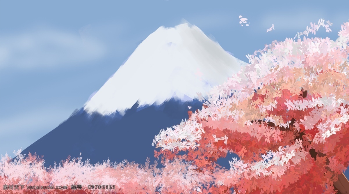 唯美 手绘 日本 富士山 插画 背景 背景素材 富士山插画 背景展板 彩色背景 清新背景 樱花背景