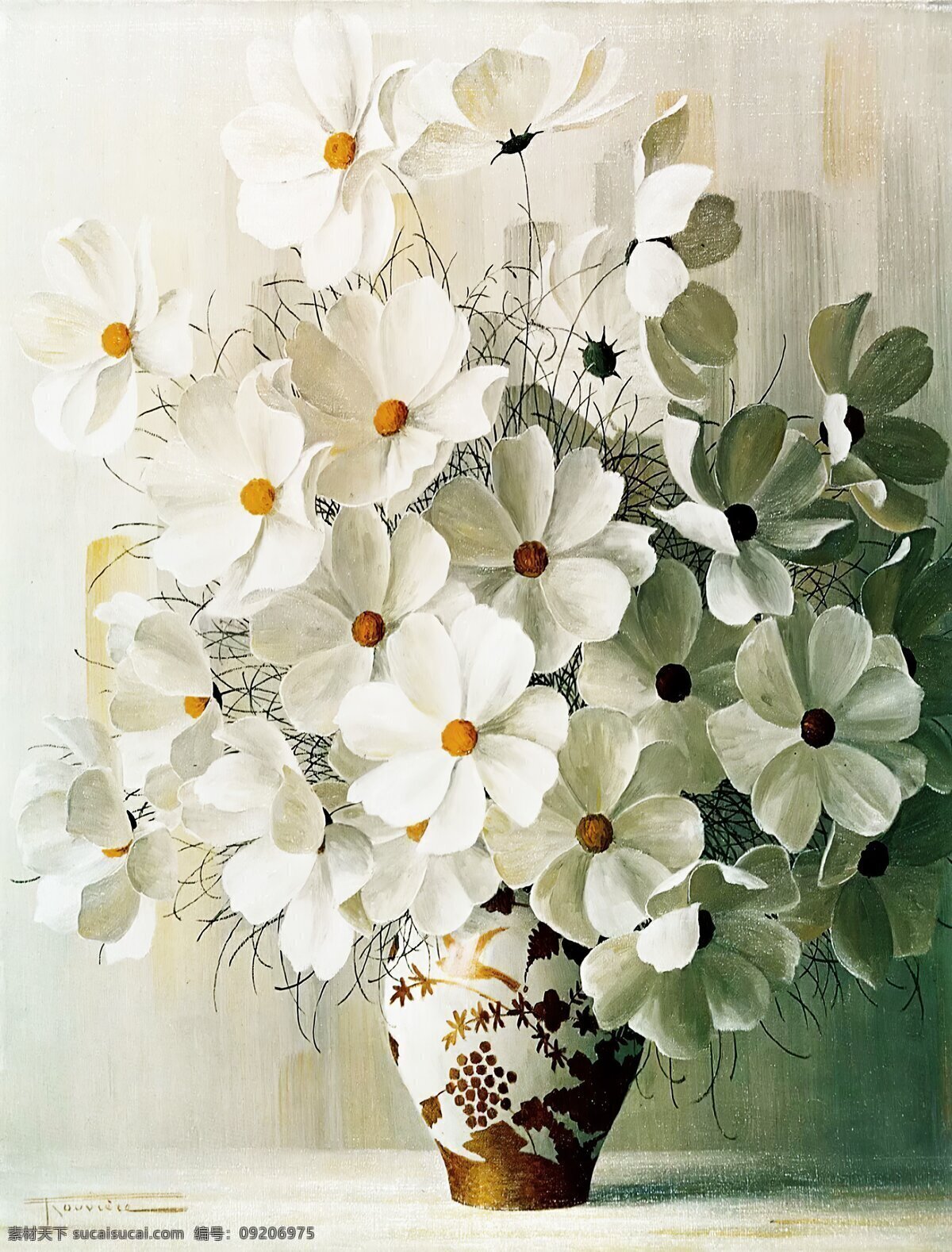 静物白花图片 静物 花瓶 桌子 室内 陶瓷 油画 瓶子 手绘画 无框画 抽象画 桌子上的摆件 花
