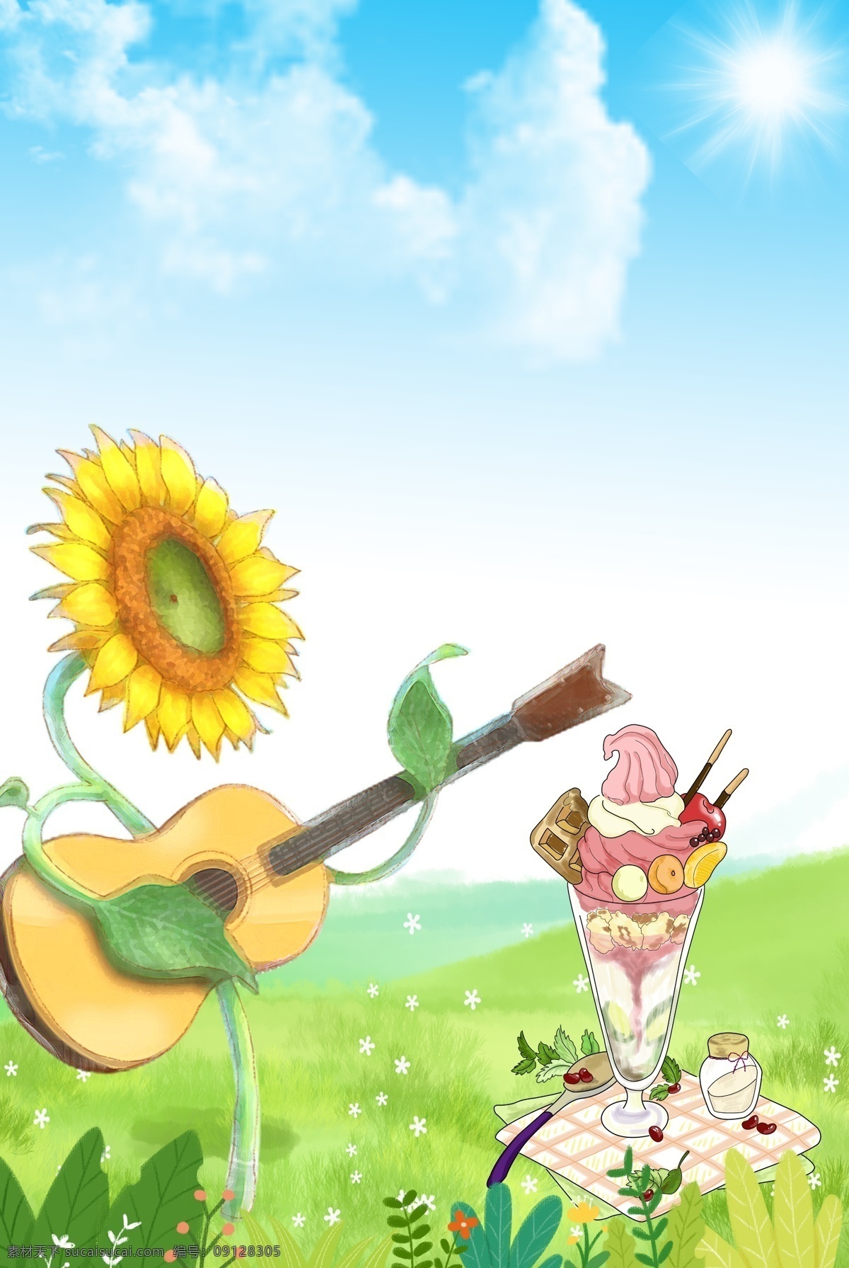夏日 向日葵 弹 吉他 夏天 饮料 冰激淋 清凉 凉爽 冰镇 弹吉他 夏季 草地 蓝天 白云