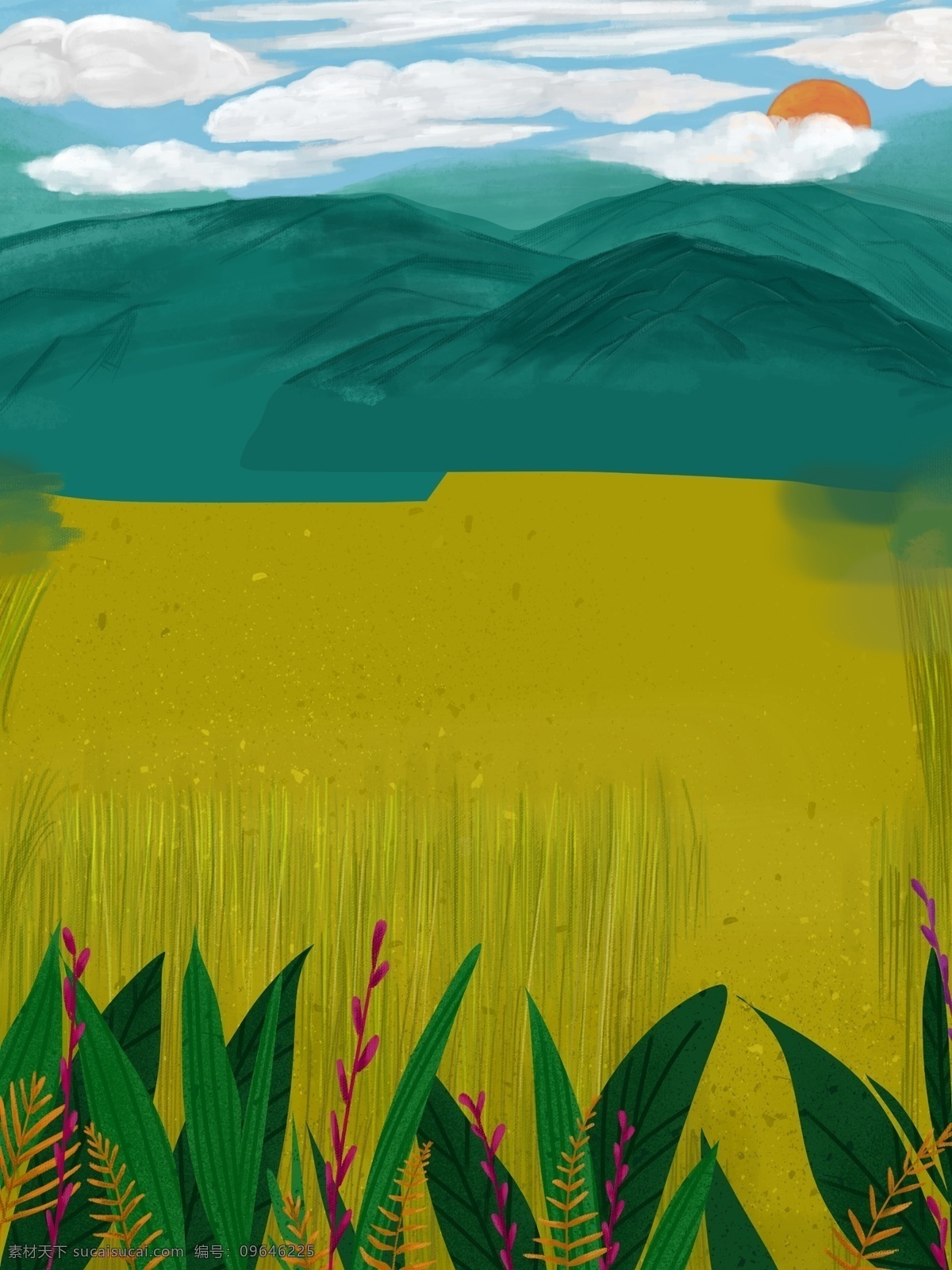 田园 风景 精美 手绘 背景 农作物 植物 卡通 彩色 创意 装饰 设计背景 海报背景 简约 图案