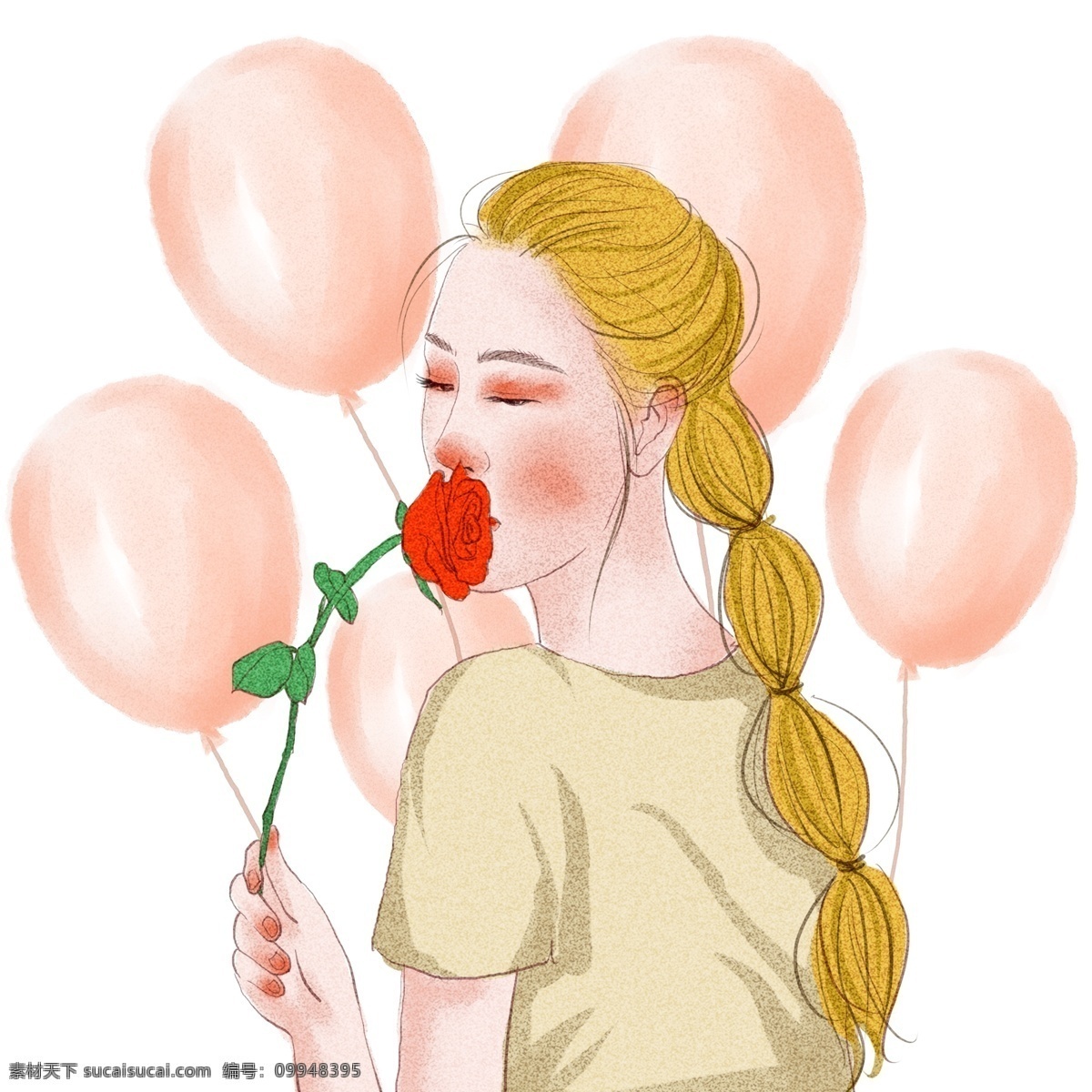 玫瑰 女孩 原创 商用 元素 气球 情人节 爱情 浪漫 可爱 文艺 水彩 手绘