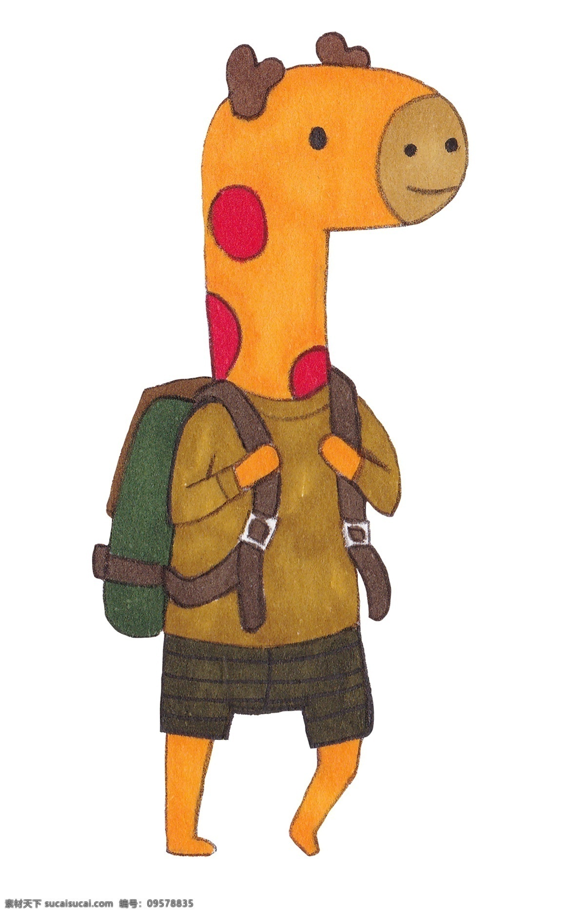 手绘 背书 包 长颈鹿 插画 水彩动物 背着 书包 穿着 棕色 衣服 卡通长颈鹿 手绘插画