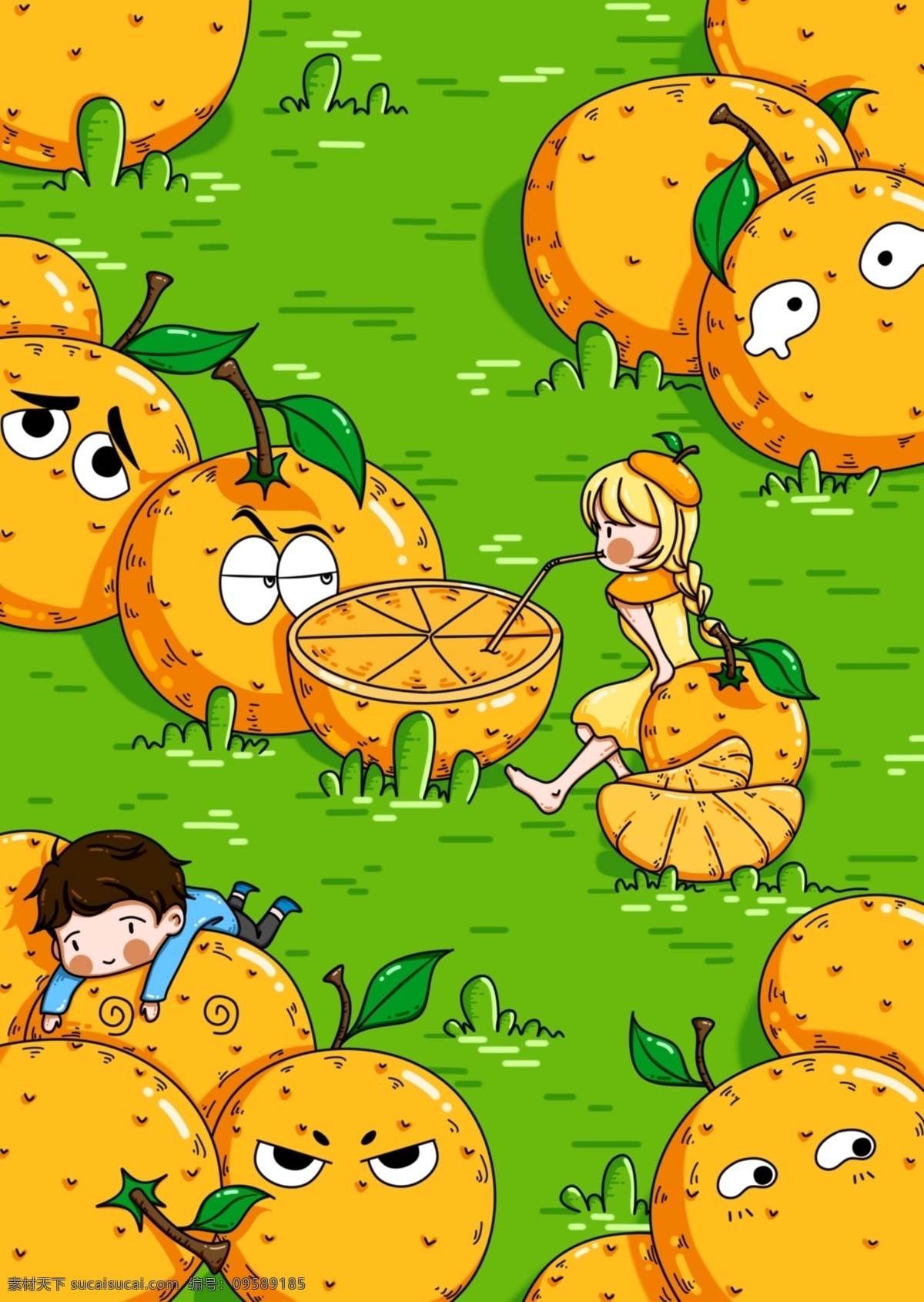 童年 幻想 橙子 怪 小孩 原创 插画 手绘 流行趋势 橙色 草地 童年幻想 趋势 拟人 橙子怪