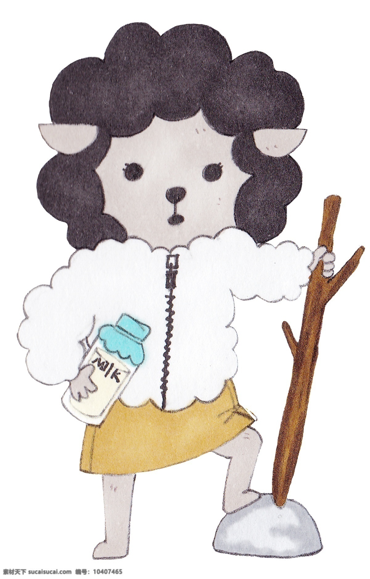 手绘 卡通 小绵羊 插画 手绘动物 绵羊 可爱绵羊 羊外婆 拄拐棍 拿奶瓶 卡通动物小羊 卡通小绵羊 手绘插画