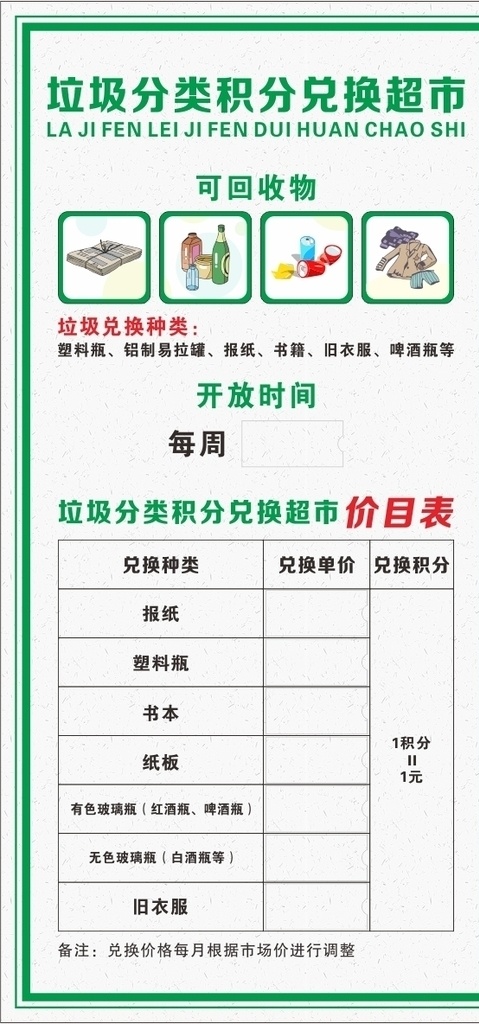 垃圾分类展板 垃圾分类 可回收垃圾 积分兑换超市 积分兑换 价目表 可回收物 垃圾兑换种类