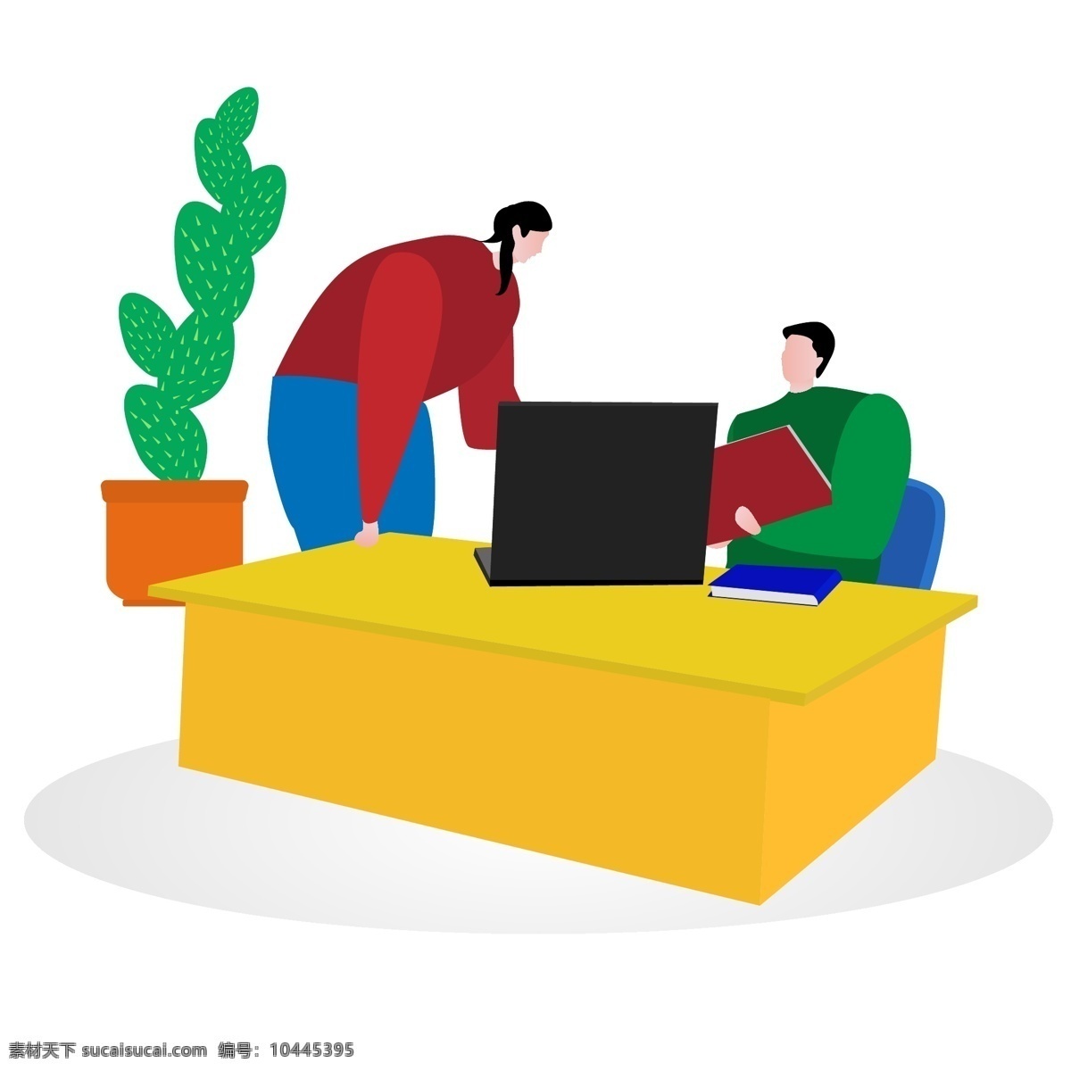 工作 中 男人 女人 矢量 夸张 扁平化 矢量图 认真的 卡通画 ppt装饰 植物 桌子 本子 电脑 白领 办公
