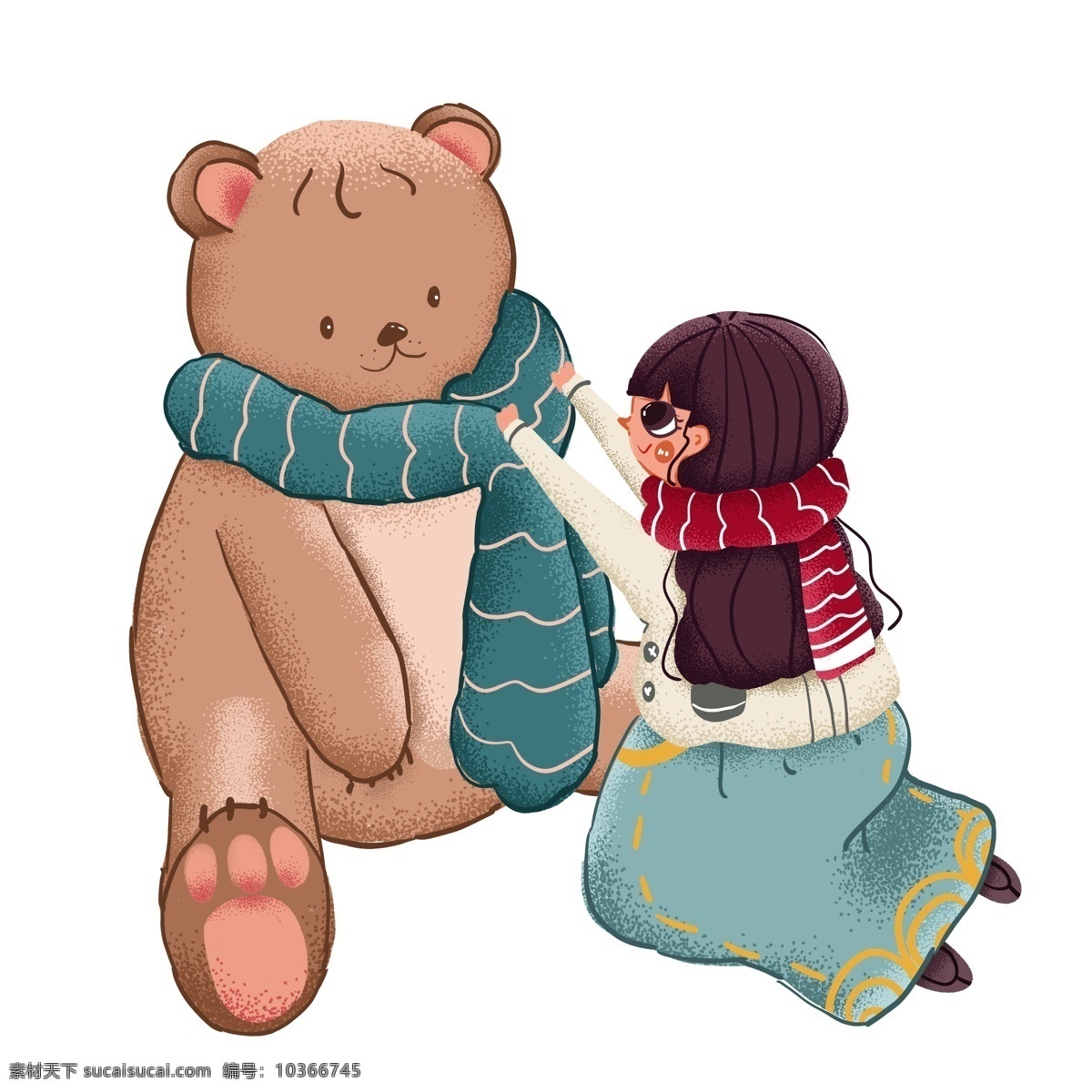 溫馨 治愈 系 小 熊 圍 圍巾 女孩 人物 插畫 漫畫 玩具 手繪 治愈系 小熊 玩偶