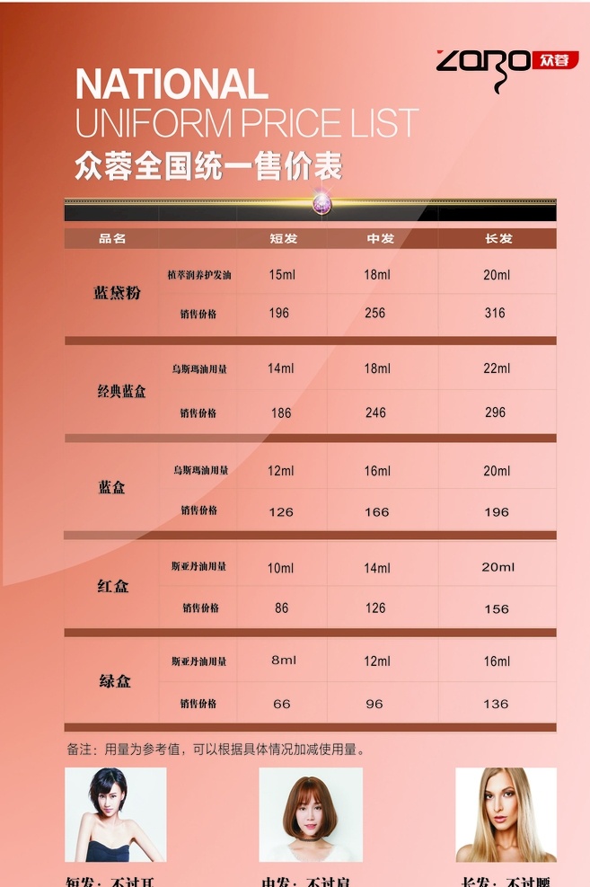 眾蓉價格表 眾蓉 價格表 理發(fā)店 售價 美發(fā)