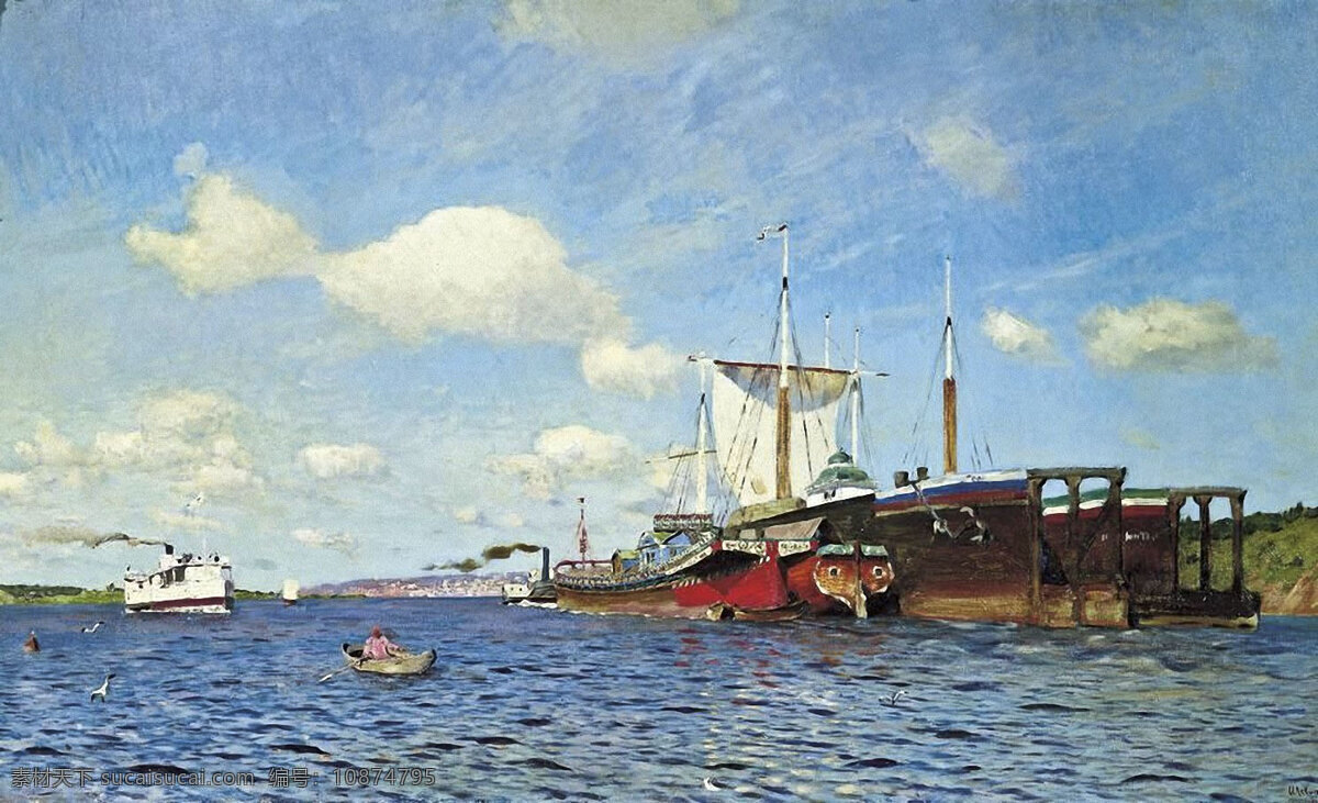 伏尔加河 上 清风 列维坦油画 船 河面上的船 俄罗斯油画 绘画书法 文化艺术