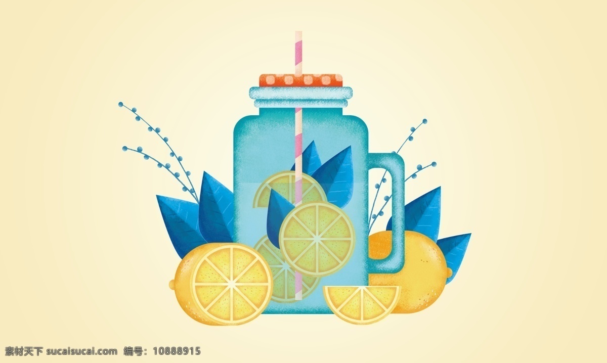 清新 檸檬 扁平 插畫 卡通 果汁 juice 黃色 杯子 切片