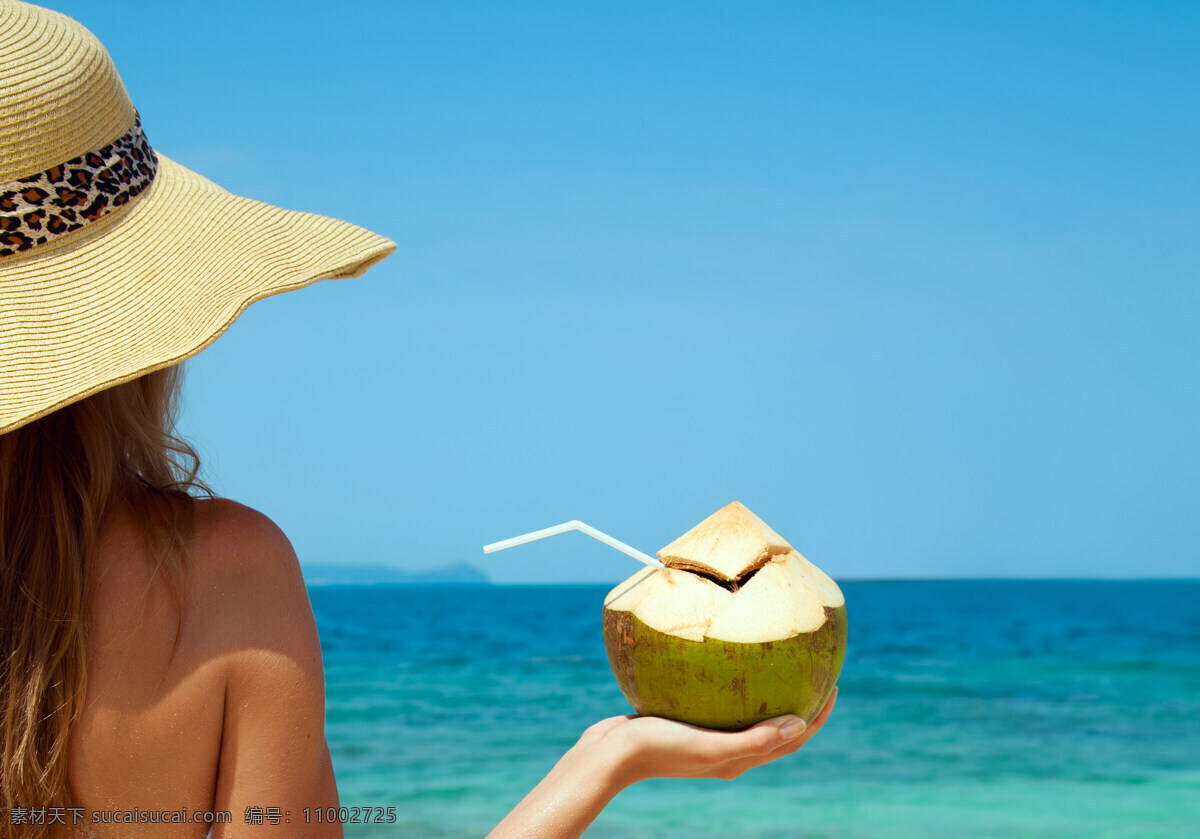 热带风情 海浪 椰子 解渴 海水 海洋 草帽 美女 旅游 度假 人物图库 女性女人