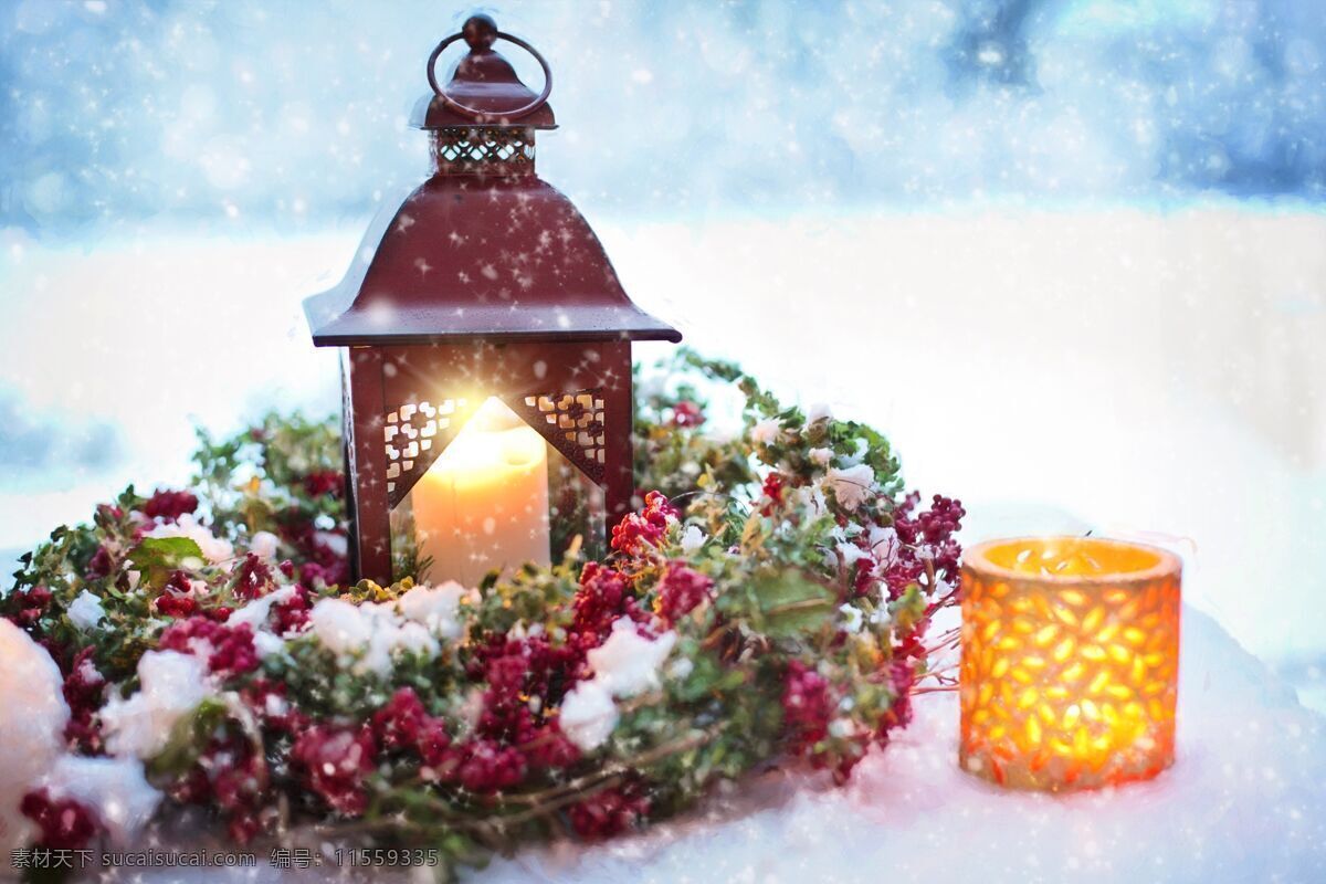 圣诞节蜡烛 圣诞节 蜡烛 灯光 雪地 冬日 寒冷 花卉 温暖 生活百科 生活素材