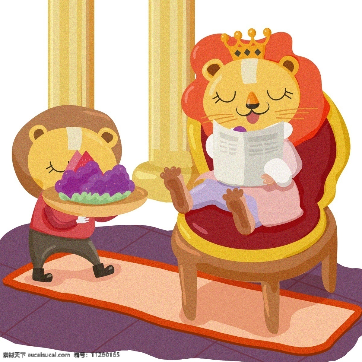 精品 动物 手绘 卡通 儿童 插画 可爱 狮子 欧式 原创 元素 趣味 少儿 配图 图书 图画 童话 故事 女王 国王 欧洲 仆人 尊贵