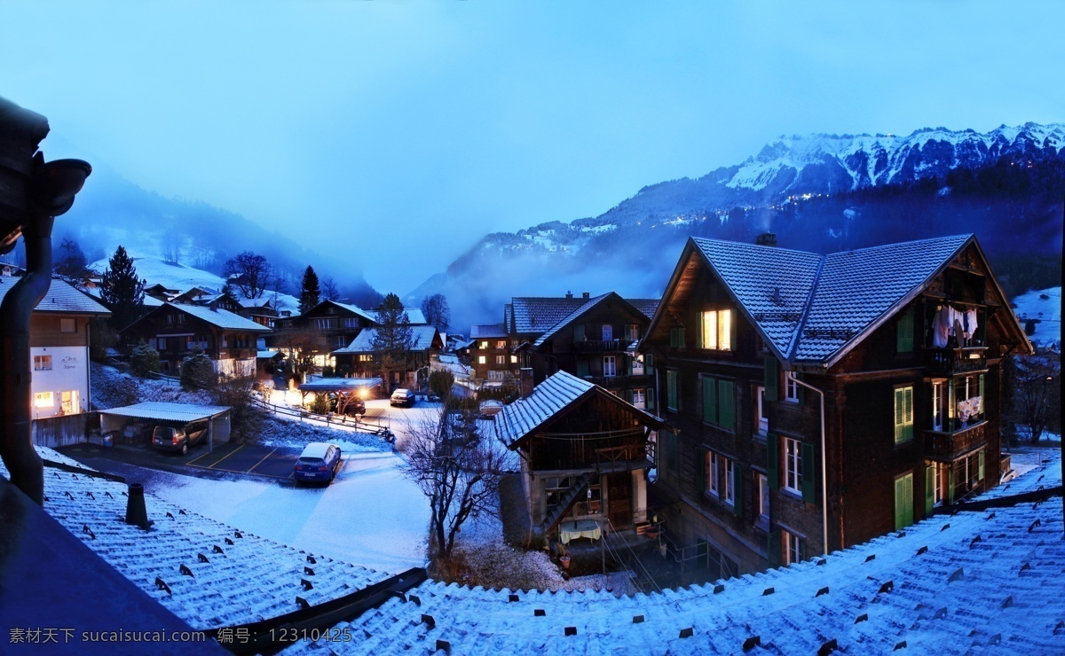 瑞士小镇夜景 小镇夜景 瑞士 雪山 夜景 雪景 小镇风光 国外旅游 自然景观 自然风景