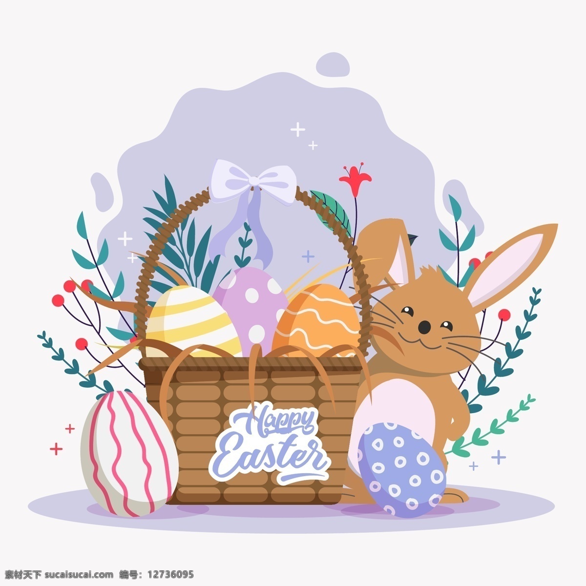 復(fù)活節(jié) 彩蛋 籃子 兔子 西方節(jié)日 復(fù)活節(jié)彩蛋 兔子矢量圖 可愛(ài) 花卉 微笑 底紋邊框 背景底紋