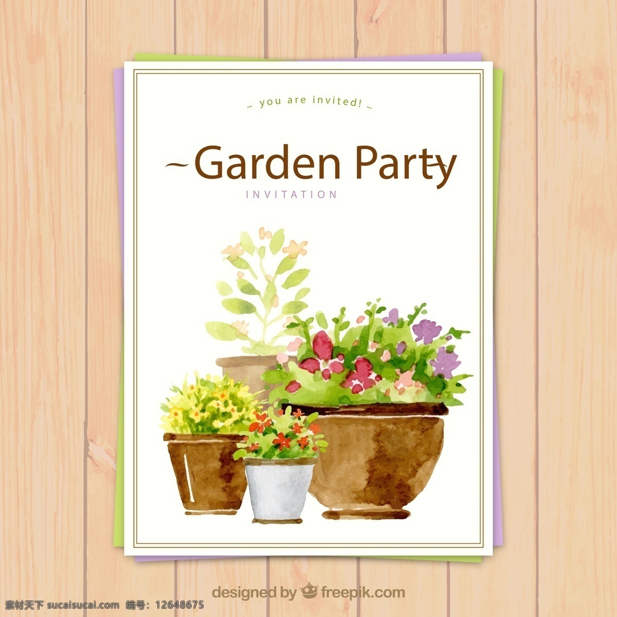 花园 派对 邀请 卡 木板 植物 盆栽 花朵 矢量 高清图片