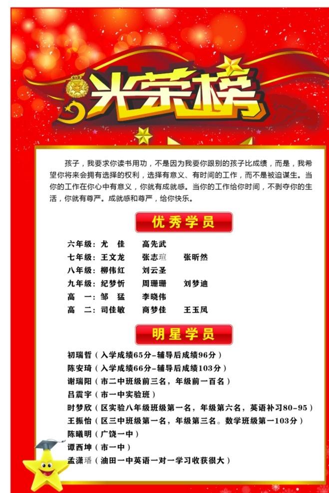明星 學(xué)員 光榮榜 優(yōu)秀學(xué)員 明星學(xué)員 學(xué)習(xí)榜樣