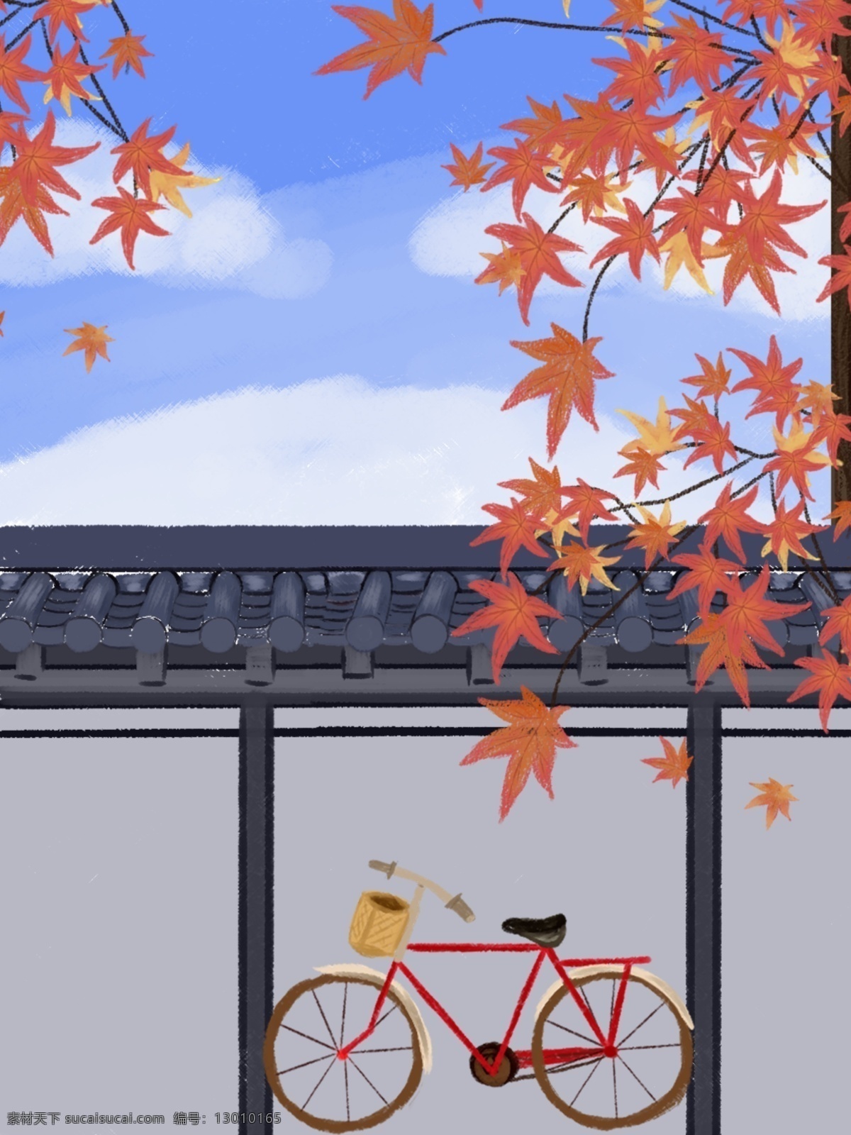 红色 枫叶 外墙 边角 背景 秋天 秋季 秋天枫叶 自行车 秋高气爽 广告背景