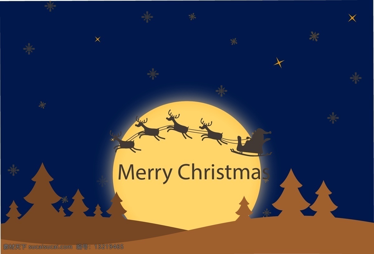 矢量 卡通 夜景 圣诞节 背景 蓝色 复古 月亮 剪影 圣诞老人 雪橇 海报