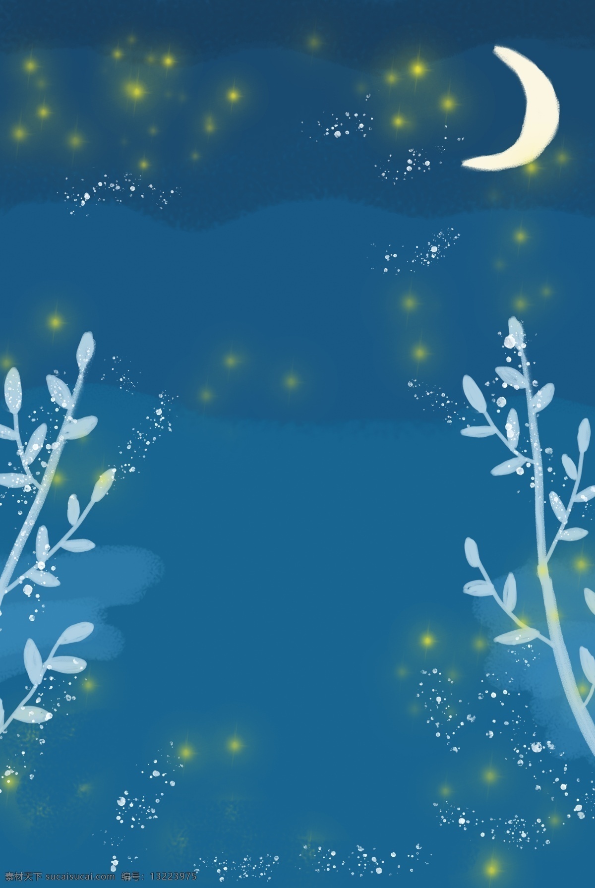水彩 蓝色 荧光 月 空 背景 卡通 树枝 枝叶 月亮 夜空