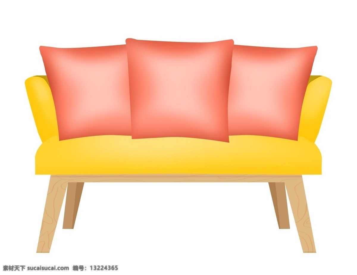 双人 沙发 抱枕 插图 椅子 沙发椅子 木质沙发椅子 双人沙发 黄色沙发椅子 红色抱枕