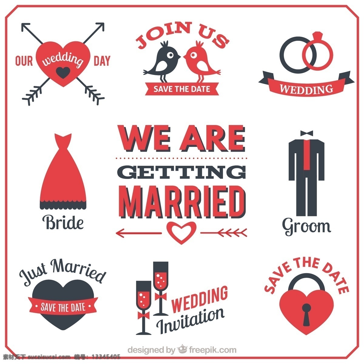 我们 正在 结婚 偶像 婚礼 箭 心 派对 邀请 爱 婚礼邀请 图标 红色 扁平 鸟 庆典 新娘 新人 戒指 白色
