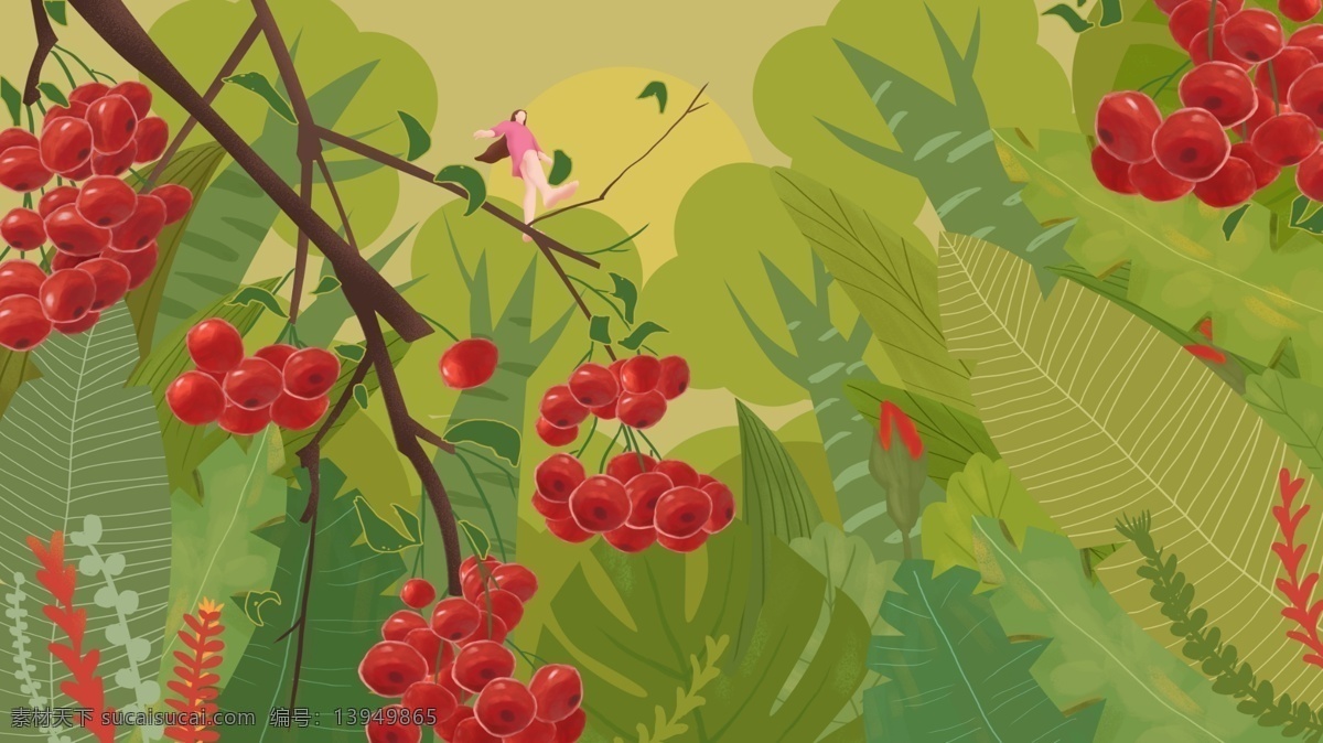 原创 手绘 插画 植物 系列 红果 子 果子 叶子 女孩 树