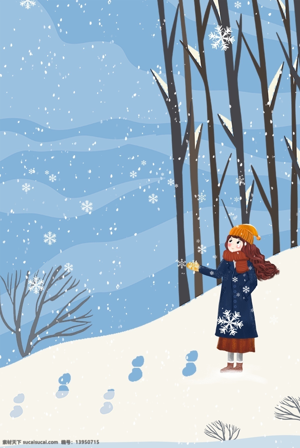 冬天 看 雪景 森林 女孩 服装 促销 海报 树木 雪花 出行 促销海报
