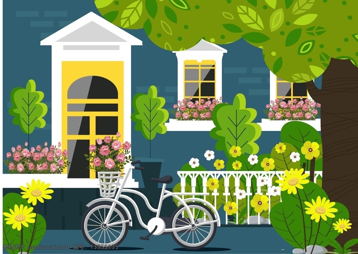 房屋 花园 单车 风景图片 美丽 风景 窗户 矢量 高清图片