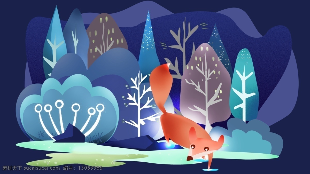森林 灵 狐 魔法 树林 动物 幻想 系列 插画 夜晚 狐狸