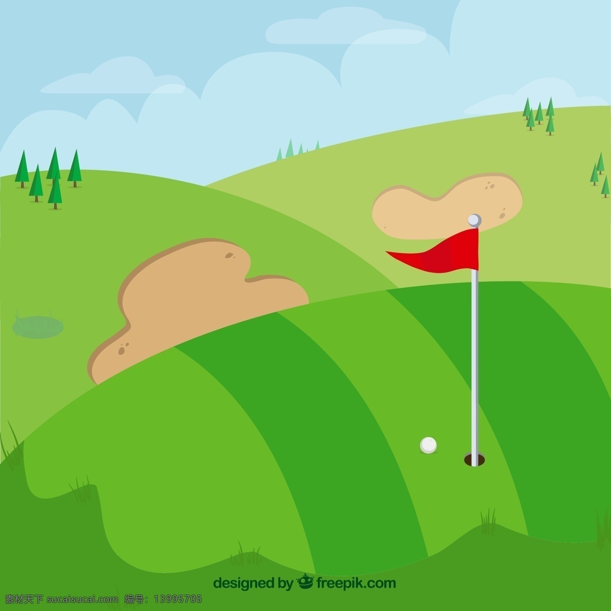 绿色 高尔夫球场 草地 山坡 树木 云朵 旗子 球洞 高尔夫球 动漫动画 风景漫画