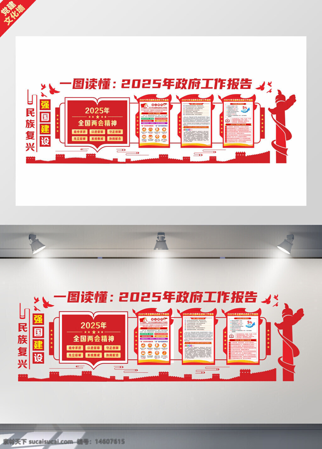 党建展板 2025年全国两会 文化墙 展板设计 平面广告 强国建设 会议精神 宣传栏 党政宣传 红色主题 视觉设计 信息展示 国家发展 政策解读