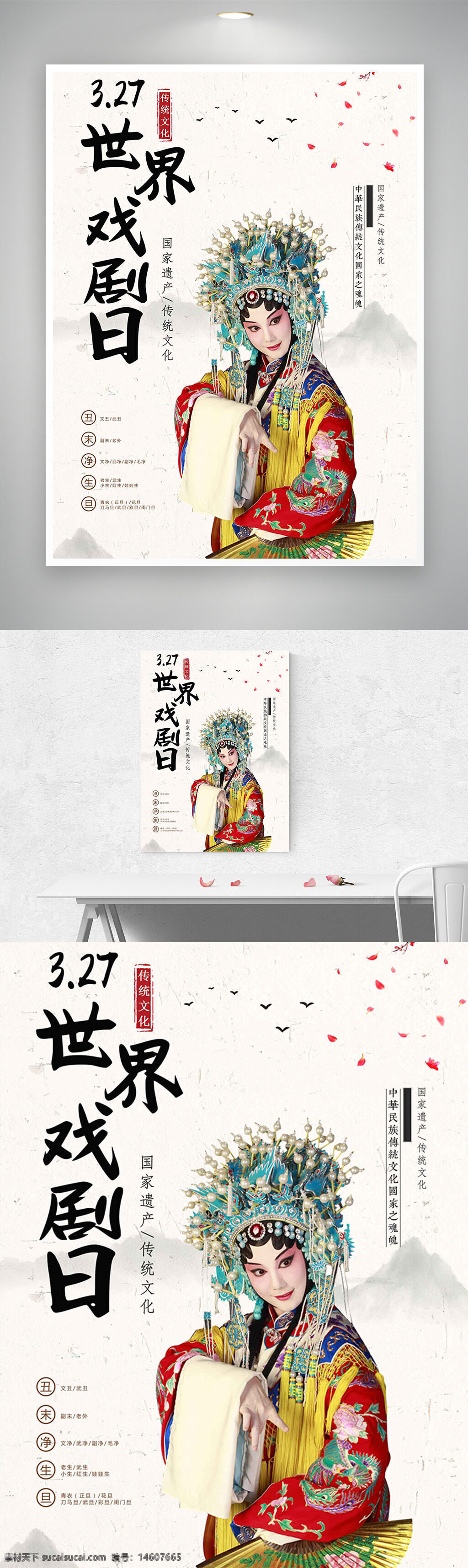 世界戲劇日 傳統(tǒng)文化 京劇人物 水墨背景 節(jié)日海報 國家非遺 戲劇藝術 文化傳承 京劇服飾 戲曲表演 藝術海報 戲曲文化 飛鳥元素 花瓣設計