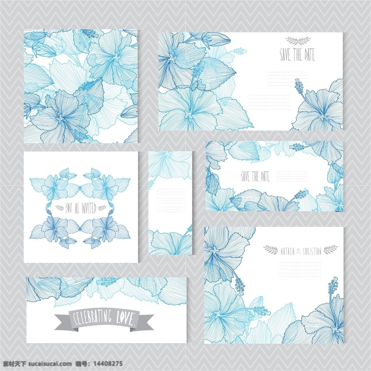 手绘 花卉 婚礼 卡片 精美 蓝色 矢量 高清图片