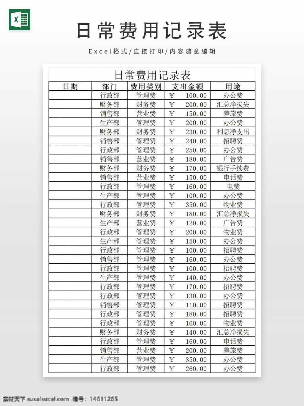 日常费用 费用记录 财务报表 行政部 销售部 财务部 管理费 营业费 办公费 招待费 银行手续费 电话费 物业费 汇总净损失 生活部
