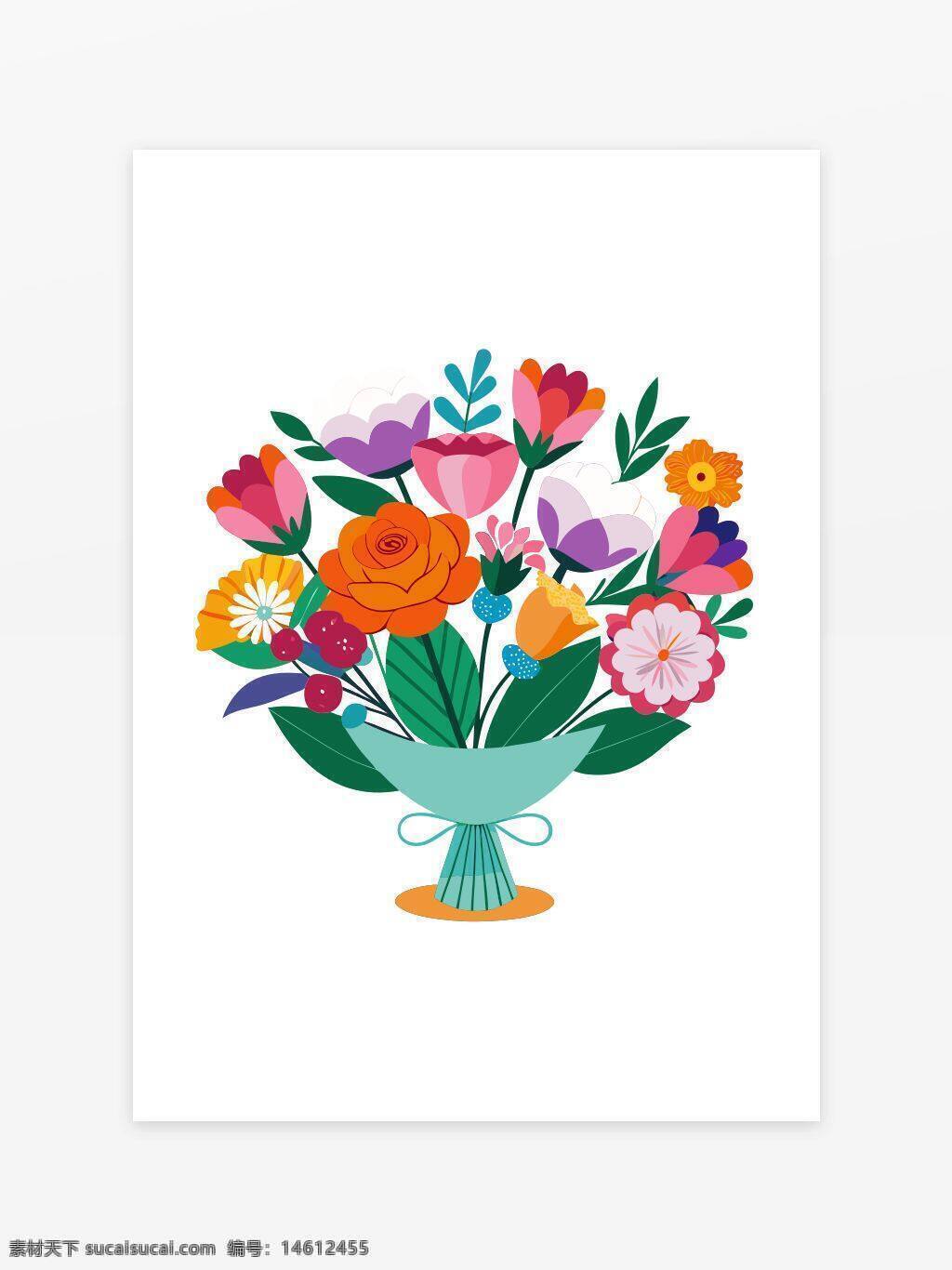 鲜花 插画 花束 向日葵 玫瑰花 手绘风格 卡通风格 花卉设计 装饰图案 礼物包装 彩色花朵 节日主题 婚礼装饰