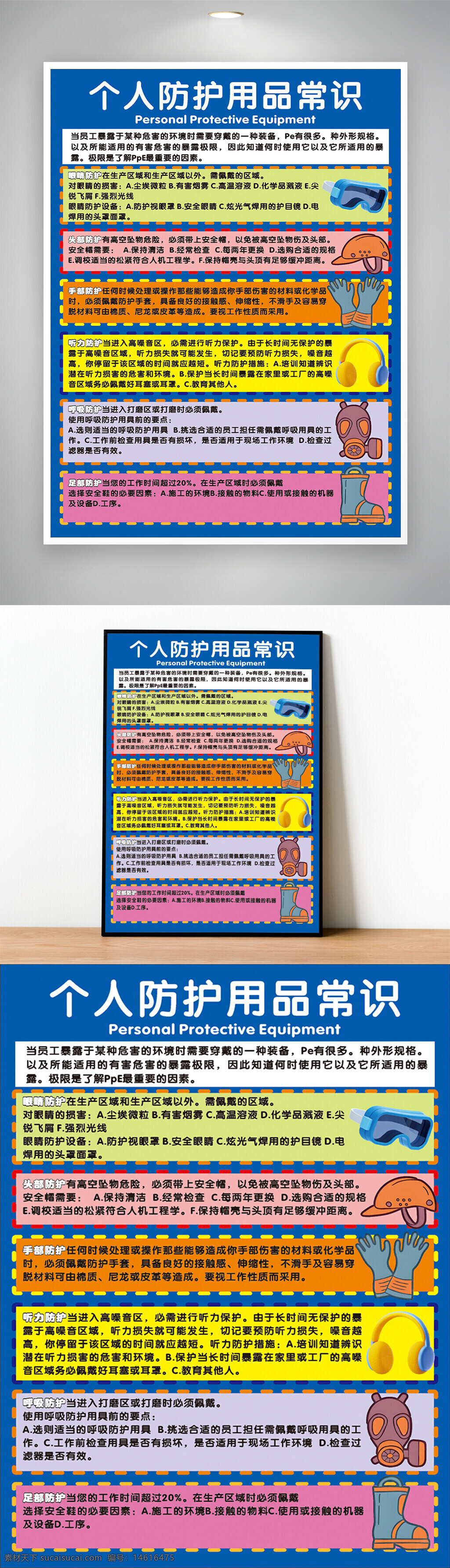 個人防護用品 防護知識 安全知識 勞動保護 職業(yè)安全 展板設(shè)計 化學防護 防護眼鏡 安全帽 防護手套 耳罩 呼吸防護 防護靴 彩色搭配