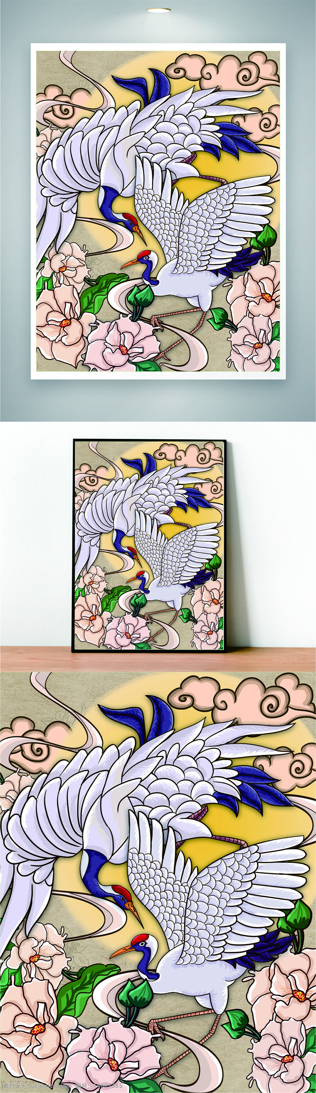 仙鶴圖案 國潮風 中國風 插畫設計 粉色花朵 高級感 傳統(tǒng)藝術(shù) 東方美學 祥云圖案 荷花圖案 剪紙風格 水墨畫風