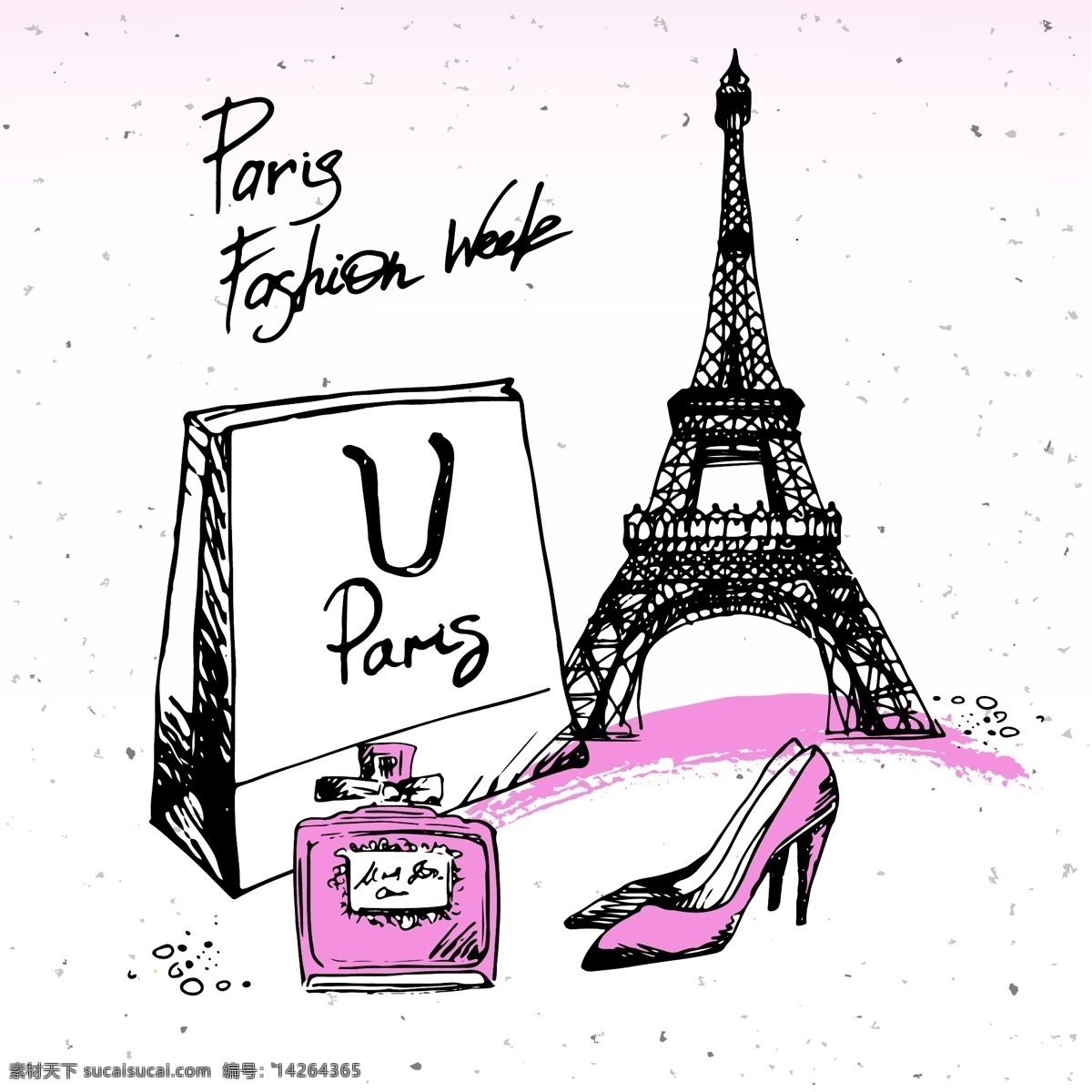 彩绘 巴黎 元素 矢量 巴黎时装周 时尚 巴黎铁塔 购物袋 香水 高跟鞋 高清图片