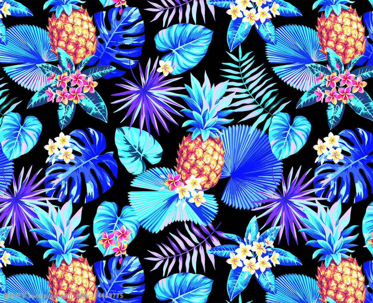 蓝色 菠萝 叶子 热带植物 椰树 手绘叶子 手绘水果 印花图案 数码印花 热带叶子 热带花 花卉 手绘花卉 蓝色叶子 菠萝花 分层