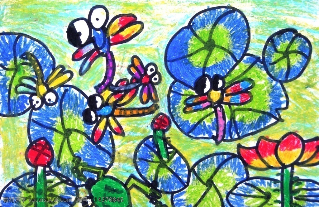 荷塘蜻蜓 荷花 荷叶 儿童画 绘画 油画棒 儿童油画棒 美术绘画 文化艺术